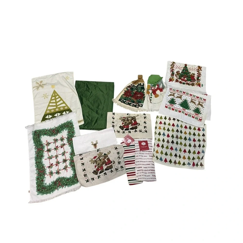 Lot 13 Vintage & Modern Christmas‎ Kitchen Towels & Table Runner Holiday Cotton